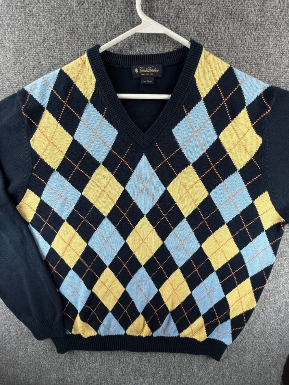 Brooks Brothers Diamond Print Blue Yellow Sweater XL Pima Cotton Knit Adult